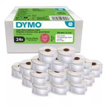 Ρολά ετικετών Dymo 2223589 – λευκές χάρτινες ετικέτες 5,4 × 2,5 cm, 500 ετικέτες/ρολό, 12000 ετικέτες/συσκευασία, FSC