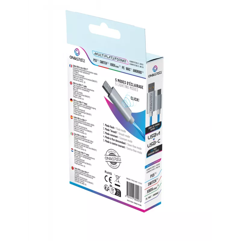 Oniverse Καλώδιο USB-A σε USB-C Quick Charge με LED - 2 μέτρα - λευκό (Multiplatform)