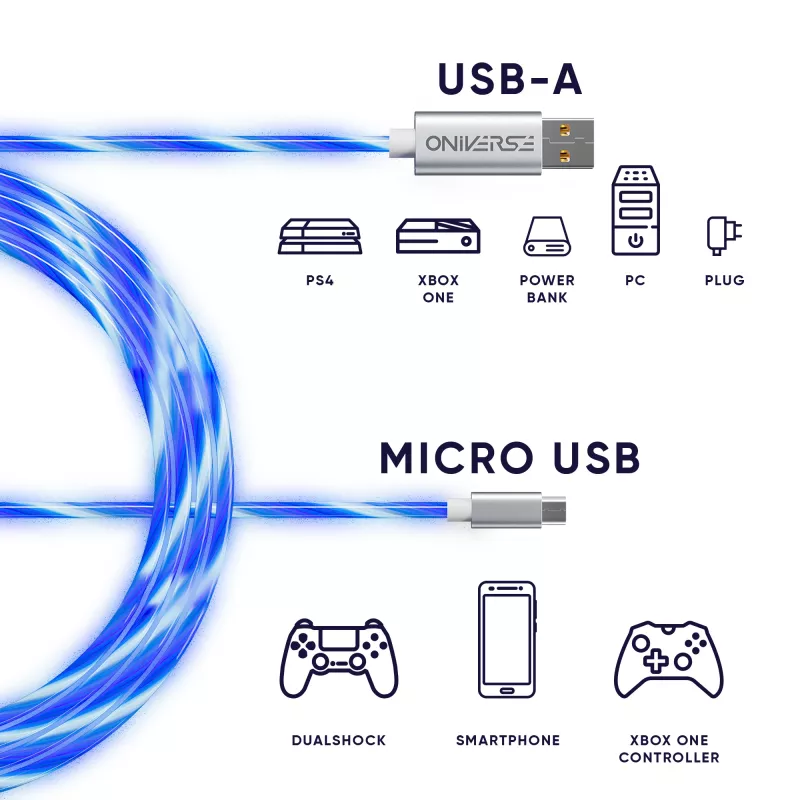 Oniverse Καλώδιο φόρτισης Micro-USB με LED – 2 μέτρα – Λευκό (Multiplattform)