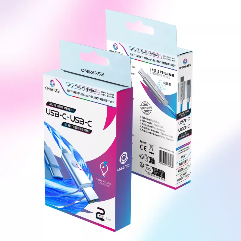 Oniverse Καλώδιο γρήγορης φόρτισης USB-C σε USB-C – 2 μέτρα – LED (Multiplattform)