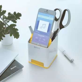 Leitz Sound Θήκη στυλό WOW, λευκό, κίτρινο, πολυστυρόλιο, 90 mm, 101 mm, 100 mm, 140 g