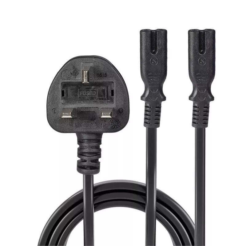 Lindy 2,5 m βύσμα UK Type G σε 2x IEC C7 καλώδιο επέκτασης splitter, μαύρο