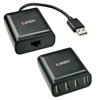 Lindy 60m 4 Port USB 2.0 Cat.6 Extender, USB 2.0, RJ-45, USB 2.0, μαύρο, μέταλλο, 52 mm, 60 mm