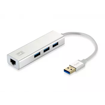 LevelOne Gigabit USB Προσαρμογέας Δικτύου, USB Hub, Ενσύρματο, USB, Ethernet, 1000 Mbit/s, Ασημί, Λευκό