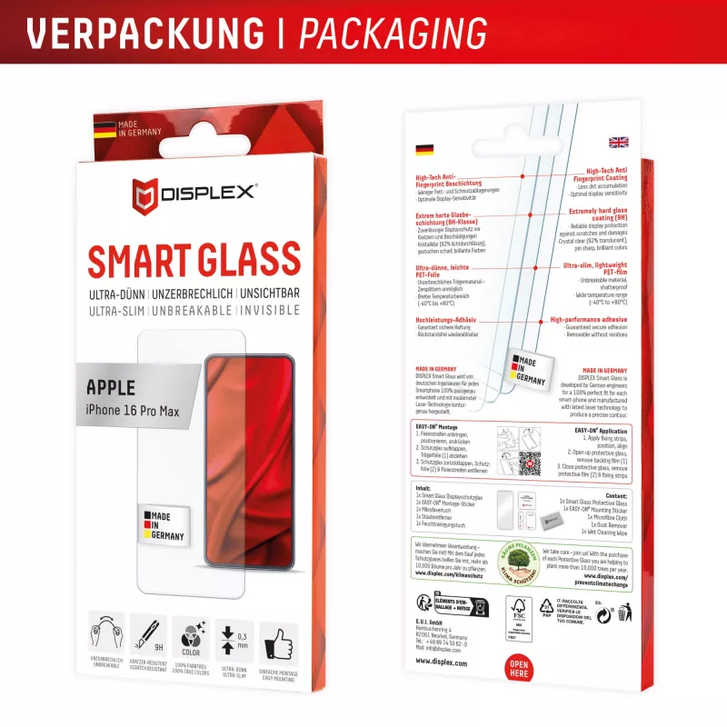 Displex Smart Glass (9H) για Apple iPhone 16 Pro Max, αυτοκόλλητο τοποθέτησης, άθραυστο