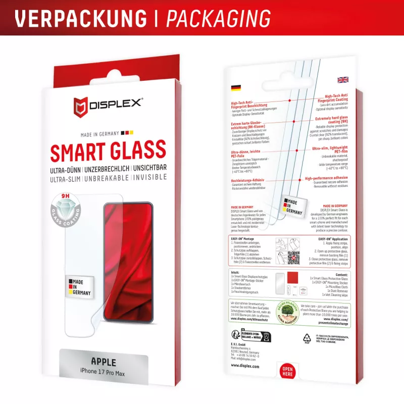 Displex Smart Glass (9H) για Apple iPhone 17 Pro Max, αυτοκόλλητο τοποθέτησης, άθραυστο