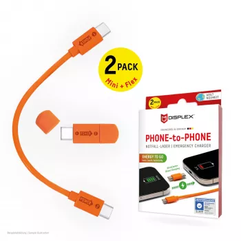 Displex φορτιστής έκτακτης ανάγκης phone-to-phone, USB-C σε USB-C, mini βύσμα + εύκαμπτο καλώδιο, συμπαγές σετ 2 τεμ.