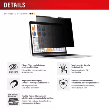 Φίλτρο απορρήτου e.v.i. Displex PRIVACY SAFE μαγνητικό 2 κατευθύνσεων για φορητό υπολογιστή / notebook 16 ιντσών (16:10), χωρίς πλαίσιο, γυαλιστερό/ματ, 3H