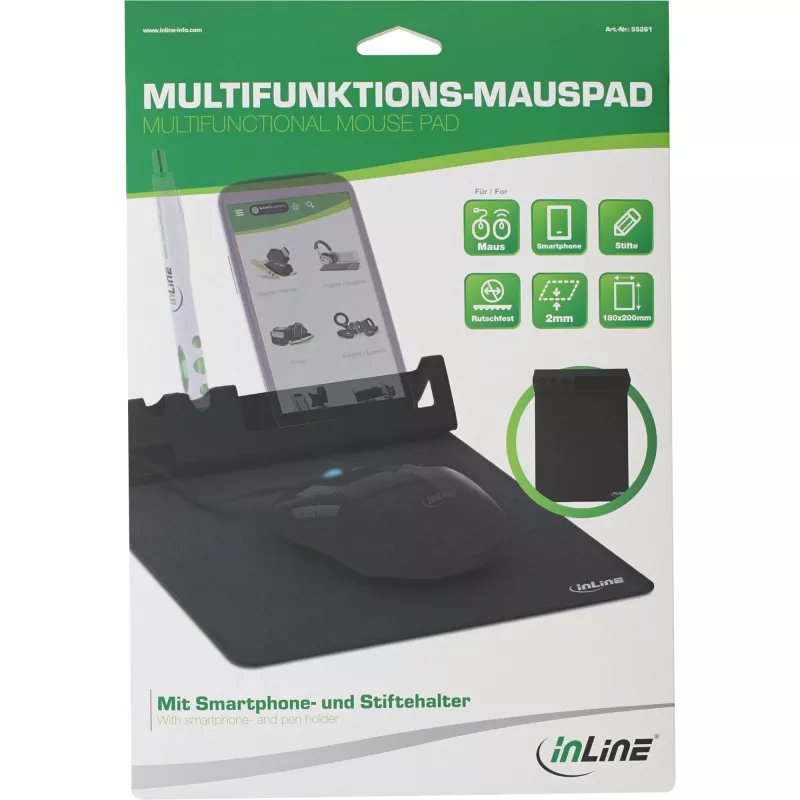 Mousepad InLine 55261 — πολυλειτουργικό λαστιχένιο υπόστρωμα με θήκη smartphone και στυλό, 250×? mm, μαύρο
