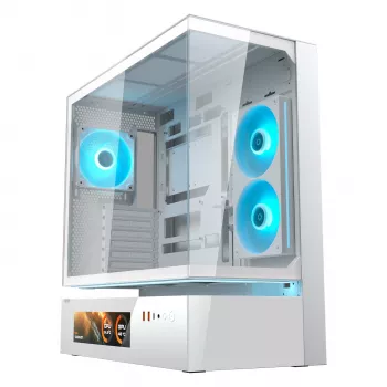 Κουτί υπολογιστή COUGAR CFV235 Vision Midi-Tower – ARGB, οθόνη LCD 23,3 cm (9,16 ίντσες), γυαλί tempered, λευκό, υποστηρίζει ATX/Micro-ITX, 2x 3,5 ίντσες + 2x 2,5 ίντσες