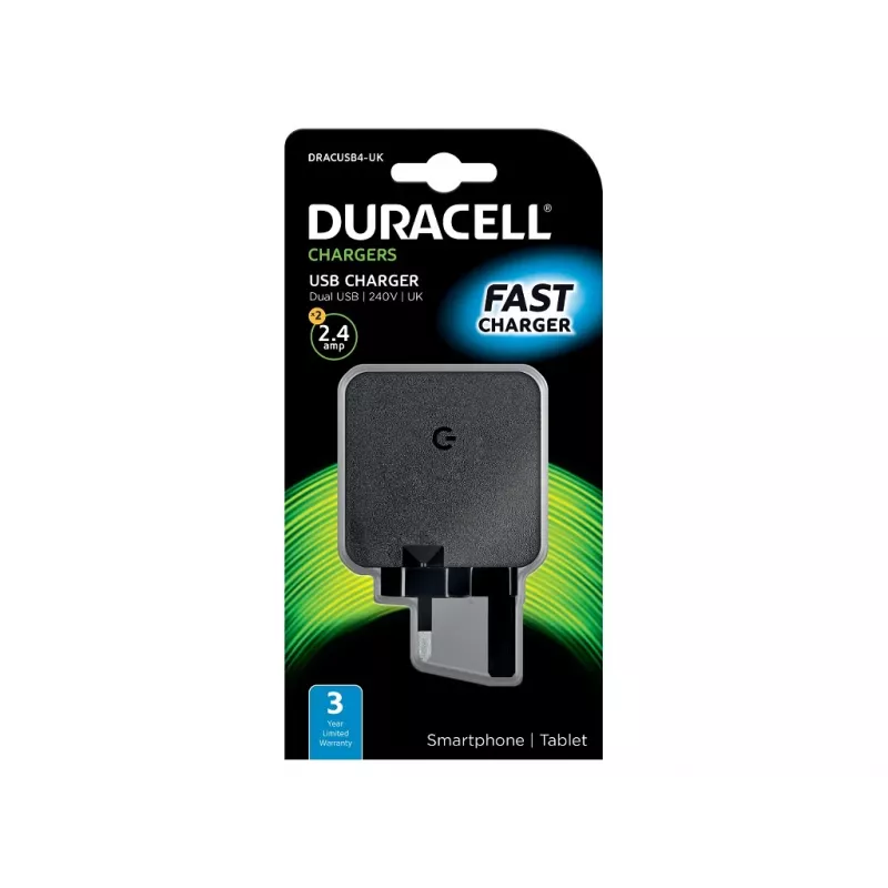Duracell 2x2,4A φορτιστής USB τηλεφώνου/tablet, εσωτερικού χώρου, AC, 5 V, μαύρο