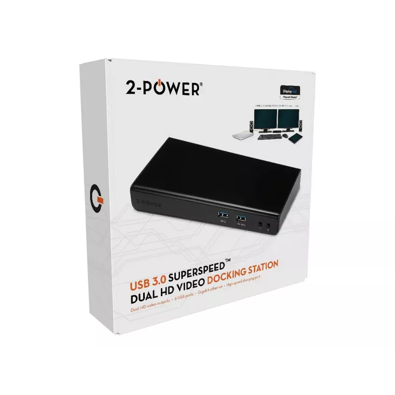 2-Power USB 3.0 Dual Display Docking Station, Docking, 3,5 mm, USB Type-A, USB Type-B, 10,100,1000 Mbit/s, μαύρο, 5 Gbit/s