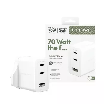 PanzerGlass empower™ by ® Turbo 70W Πολλαπλός φορτιστής με 2 x USB-C + USB-A | Βύσμα UK | Ασημί λευκό