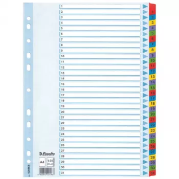 Esselte Ευρετήριο 1-31 Χαρτόνι με γλωττίδες Mylar A4, Αριθμητικό ευρετήριο με αυτάκια, Χαρτόνι, Πολύχρωμο, A4, 225 mm, 297 mm