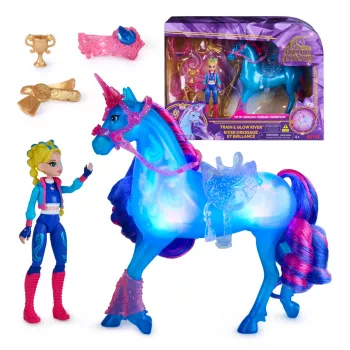 Unicorn Academy, Train & Glow Light-up River μονόκερος με Isabel, ιδέα πασχαλινού δώρου, κούκλες & παιχνίδι μονόκερου για κορίτσια, περιλαμβάνει 3 αξεσουάρ εκπαίδευσης