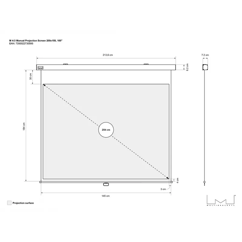 Multibrackets M χειροκίνητη οθόνη προβολής 4:3 200x150, 100 ίντσες