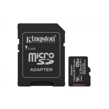 Κάρτα microSDXC Kingston 128 GB Industrial C10 A1 pSLC UHS-I, 100 MB/s Ανάγνωση, 80 MB/s Εγγραφή, V30/U3, Μαύρο + SD-Adapter