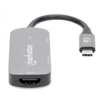 Manhattan USB-C Dock/Hub, Θύρες (x3): HDMI, USB-A και USB-C, με Power Delivery (PD) 100 W – απαιτείται εξωτερικός φορτιστής USB-C (δεν περιλαμβάνεται). Τροφοδοσία μέσω USB (δεν απαιτείται εξωτερικό τροφοδοτικό) όταν δεν χρησιμοποιείται PD, αλουμίνιο
