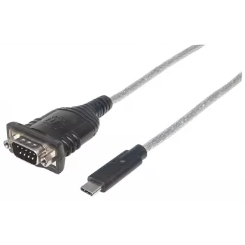 Manhattan μετατροπέας USB-C σε σειριακό, βύσμα αρσενικό σε βύσμα αρσενικό, USB-C σε σειριακή/RS232/COM/DB9 υποδοχή, chipset Prolific PL-2303RA-C, καλώδιο 45 cm, ασημί/μαύρο, σακούλα