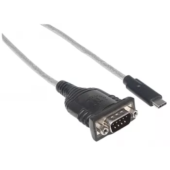 Manhattan μετατροπέας USB-C σε σειριακό, βύσμα αρσενικό σε βύσμα αρσενικό, USB-C σε σειριακή/RS232/COM/DB9 υποδοχή, chipset Prolific PL-2303RA-C, καλώδιο 45 cm, ασημί/μαύρο, σακούλα