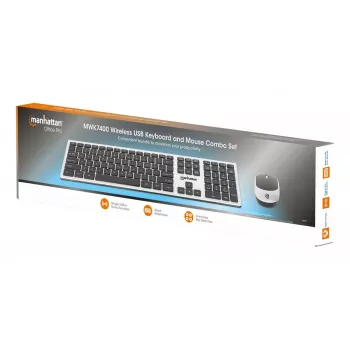 Manhattan μεμονωμένος δέκτης USB-A nano για αμφότερα, ασύρματο πληκτρολόγιο full-size, αμφίχειρο οπτικό ποντίκι με τρία κουμπιά και τροχό κύλισης, 1200 dpi, ασημί/μαύρο