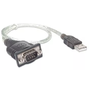Manhattan καλώδιο μετατροπέα USB-A σε σειριακό, 45 cm, βύσμα αρσενικό σε βύσμα αρσενικό, σειριακή/RS232/COM/DB9, chipset Prolific PL-2303RA, καλώδιο μαύρο/ασημί, τρία χρόνια εγγύηση, ισοδύναμο με ICUSB232V2