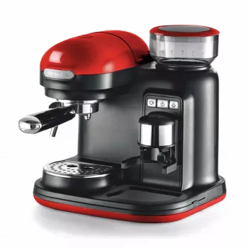 Ariete 1318 Moderna Μηχανή εσπρέσο με ενσωματωμένο μύλο καφέ, για κόκκους καφέ και αλεσμένο καφέ, Συσκευή αφρού γάλακτος Cappuccinatore, Φίλτρα 1 και 2 φλιτζανιών, 1080 W, 800 ml, Κόκκινο