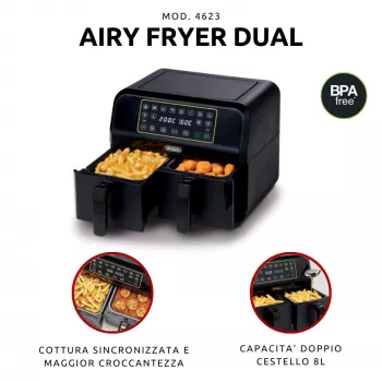 Ariete 4623 Airy Fryer Dual, Φριτέζα αέρα με διπλό καλάθι, 1700 W, χωρητικότητα 8 l, 3 λειτουργίες μαγειρέματος, Ψηφιακό πάνελ αφής LED, 8 προεπιλεγμένα προγράμματα, Χρονοδιακόπτης, 2 καλάθια, Μαύρο