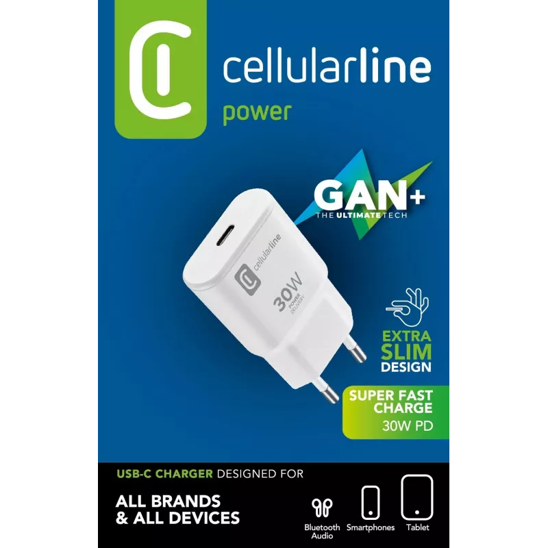 Cellularline GAN Φορτιστής τοίχου USB-C 30W PD USB-C 30W PD με τεχνολογία GaN