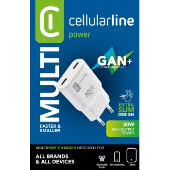 Cellularline GAN Φορτιστής τοίχου 2xUSB-C 30W PD 2xUSB-C 30W PD με τεχνολογία GaN