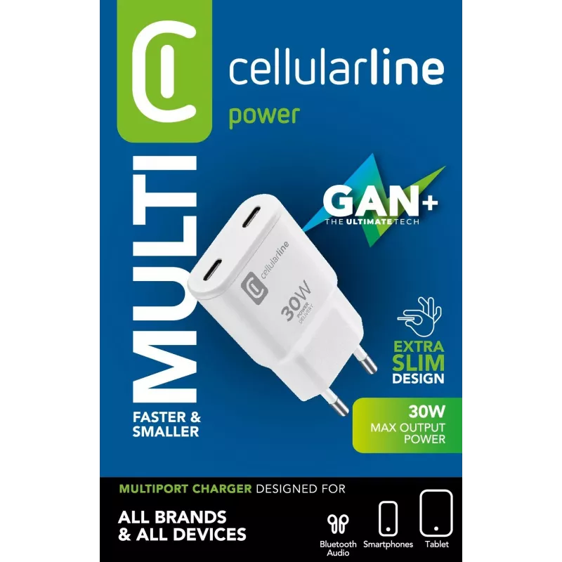 Cellularline GAN Φορτιστής τοίχου 2xUSB-C 30W PD 2xUSB-C 30W PD με τεχνολογία GaN