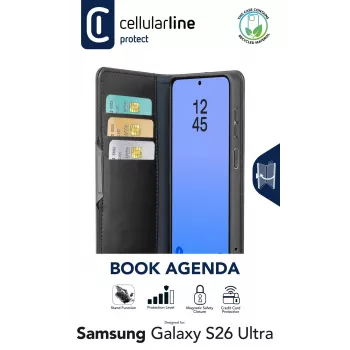 Cellularline Book Agenda - Galaxy S26 Ultra Θήκη βιβλίου με φινίρισμα τεχνητού δέρματος, μαγνητικό κούμπωμα, προστασία RFID και λειτουργία βάσης