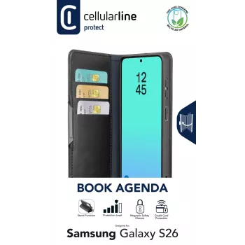 Cellularline Book Agenda - Galaxy S26 Θήκη τύπου βιβλίου με φινίρισμα τεχνητού δέρματος, μαγνητικό κούμπωμα, προστασία RFID και λειτουργία βάσης.