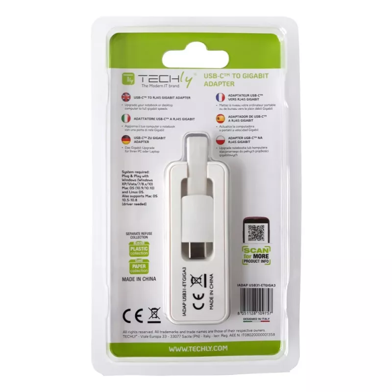 Techly Προσαρμογέας USB 3.1 Type-C σε RJ45 Gigabit Ethernet, Λευκό