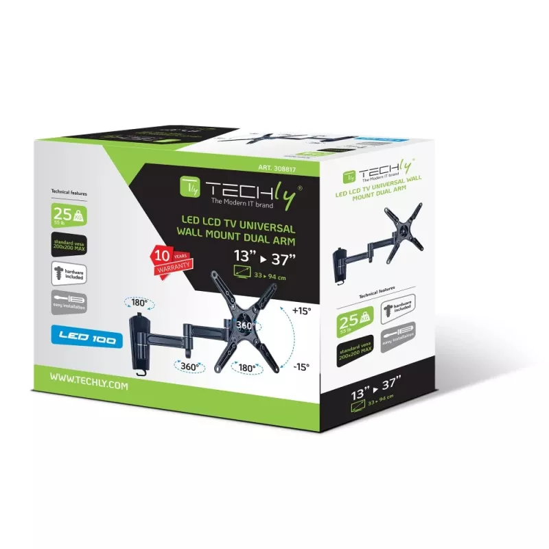 Techly 13-37 LED TV LCD Βάση τοίχου με κλίση 3 αρθρώσεις Μαύρο ICA-LCD 2102