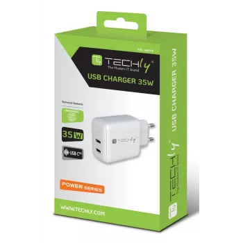 Techly IPW-USB-2C35W Φορτιστής για φορητές συσκευές Φορητός υπολογιστής, Smartphone, Tablet Λευκό AC Εσωτερικού χώρου Ταχεία φόρτιση