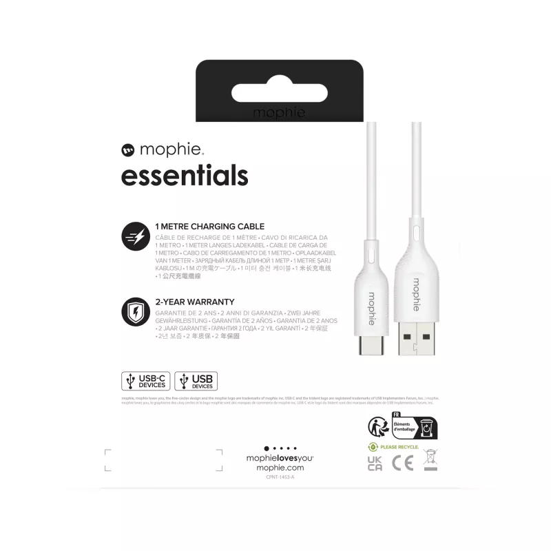 mophie essentials Καλώδιο φόρτισης | 1M Καλώδιο USB USB 2.0 USB A USB C Λευκό