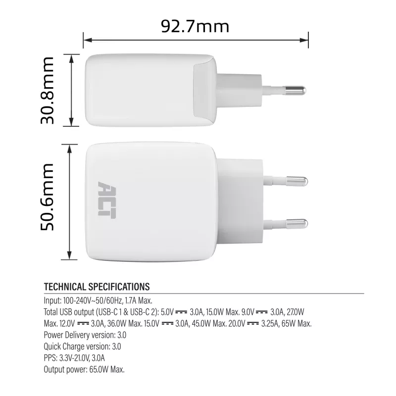 ACT φορτιστής USB-C 65W 2 θυρών με Power Delivery PPS και GaNFast