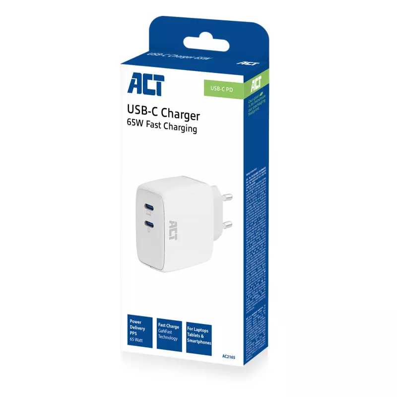 ACT φορτιστής USB-C 65W 2 θυρών με Power Delivery PPS και GaNFast