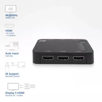 ACT διακόπτης HDMI 4K 5 εισόδων, 1 εξόδου, HDMI, μαύρο, 2160p, 18 Gbit/s, 4096 x 2160 pixel, 4K Ultra HD