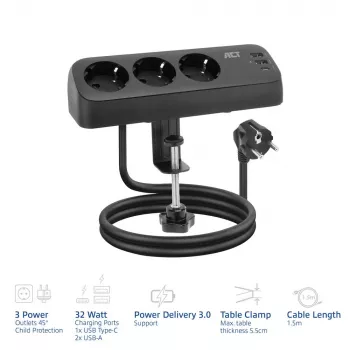 ACT πολύπριζο γραφείου με 3 υποδοχές τύπου F, 30W Power Delivery, θύρες USB Type-C/A, μήκος καλωδίου 1,5 μέτρα
