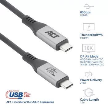 ACT καλώδιο USB4 80Gbps Thunderbolt 5 240W USB Type-C, πιστοποιημένο USB-IF, 1,5 μέτρα