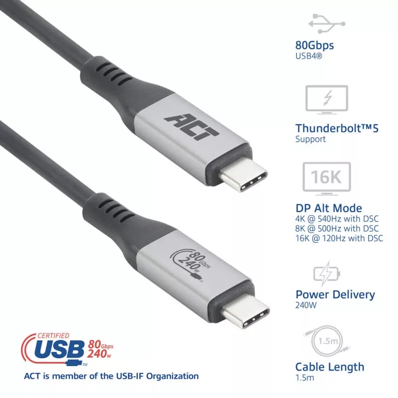 ACT καλώδιο USB4 80Gbps Thunderbolt 5 240W USB Type-C, πιστοποιημένο USB-IF, 1,5 μέτρα