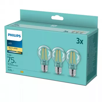 Philips LED Filament λαμπτήρας E27 συσκευασία 3 τεμ., 8,5 W (ισοδύναμο 75 W), 2700 K