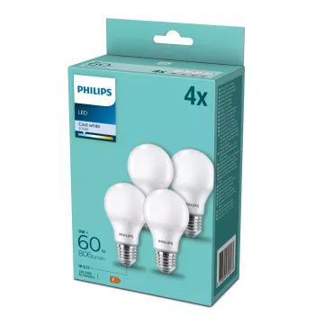Λαμπτήρας LED Philips E27 60W 4000K, συσκευασία 4 τεμ. — υποδοχή E27, 4000K ουδέτερο λευκό