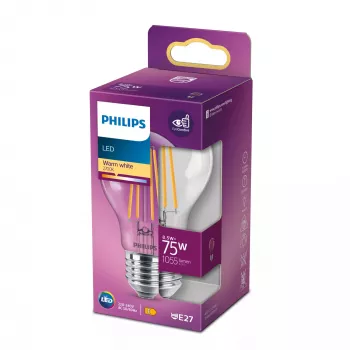 Philips Filament λαμπτήρας διάφανος 75W A60 E27 8,5W θερμό λευκό 1055lm
