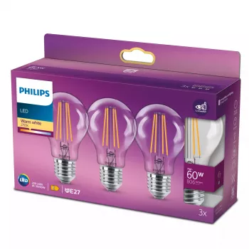 Philips Filament Bulb Clear 60W A60 E27 x3, 7 W, 60 W, E27, 806 lm, 15000 h, θερμό λευκό