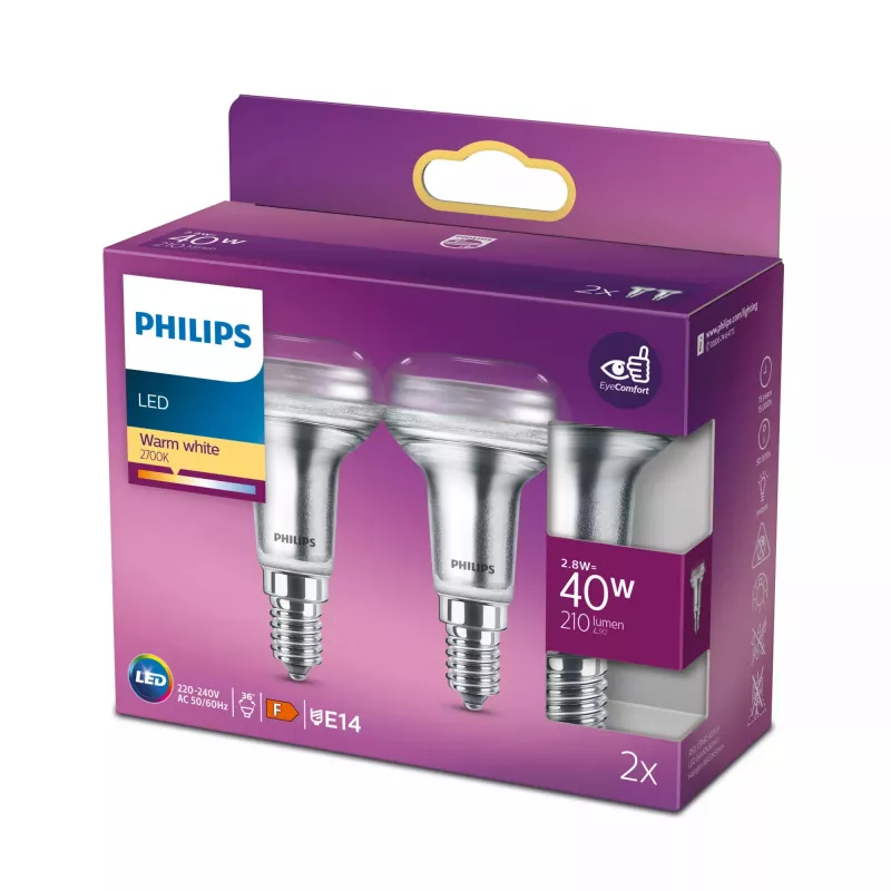 Philips Reflector 40W R50 E14 x2, 2,8 W, 40 W, E14, 210 lm, 15000 h, θερμό λευκό