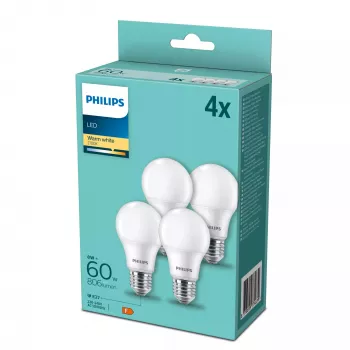 Λαμπτήρας LED Philips A60 E27 8W (ισοδύναμο 60W), 806 lm, 2700K, CRI 80, 15.000 h — συσκευασία 4 τεμ.
