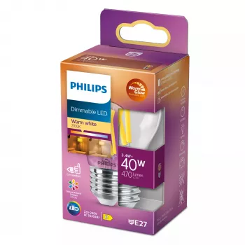 LED νηματική κερίλαμπα Philips Filament Candle Clear 3,4 W (470 lm) P45 E27, θερμή λάμψη, CRI 90